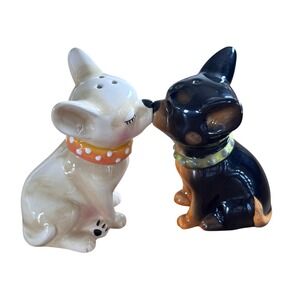 Kissing Chihuahua Salt and Pepper Shakers Ceramic Magnetic Dog Set Black Tan
